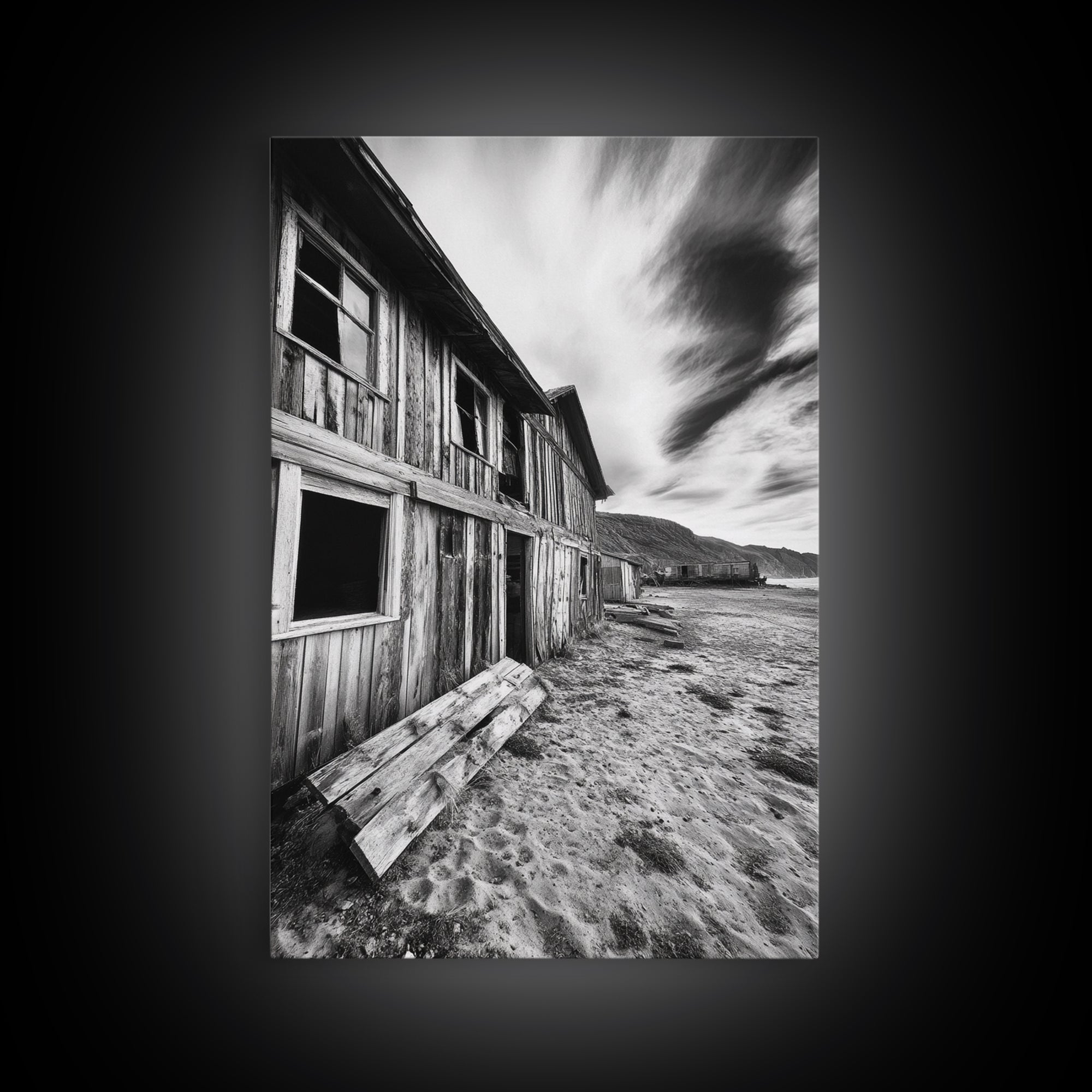 Rustic barn, farmhouse art, abandoned building, vintage Christmas, moody art, black and white wall art, wabi sabi wall art, framed canvas print