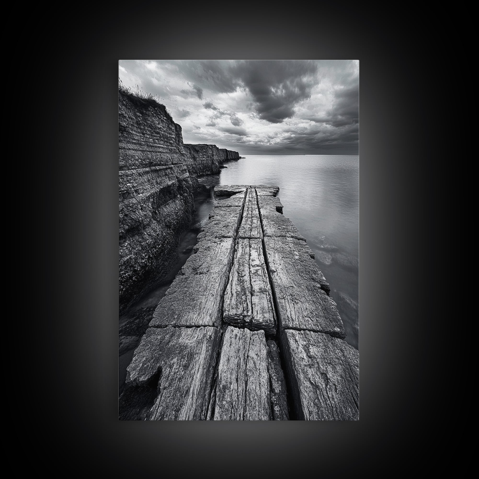 Cliffside view, nautical decor, rustic photography, seascape painting, wabi sabi art, black and white art, canvas print, above sofa art