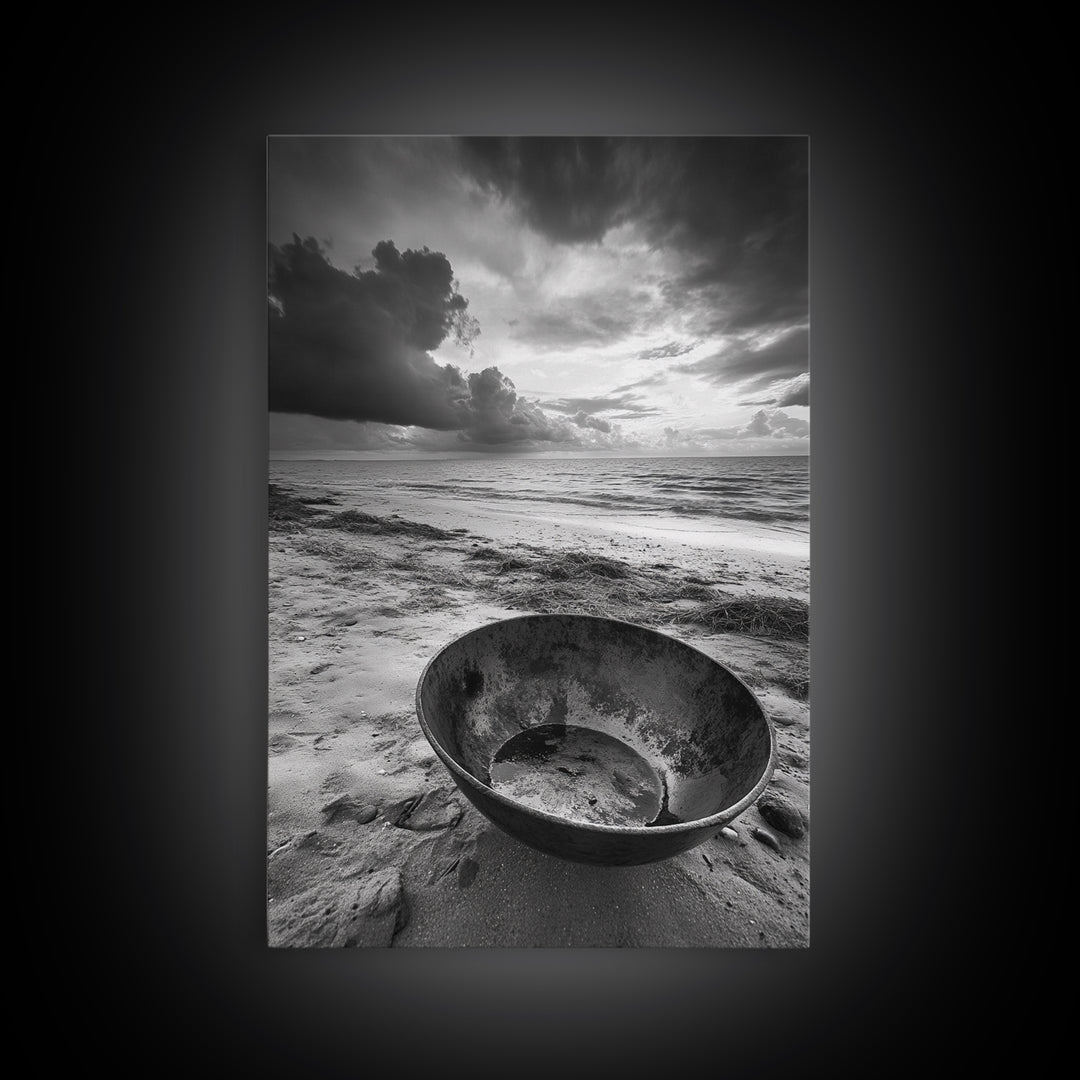 Beach bowl, wabi sabi wall art, coastal decor, moody art, minimalist art, black and white photography, framed canvas print, extra wide art