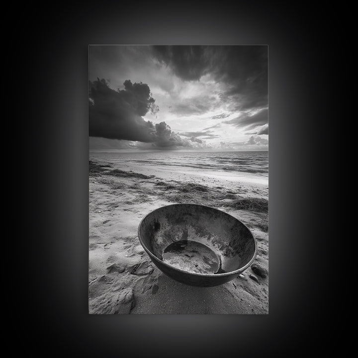 Beach bowl, wabi sabi wall art, coastal decor, moody art, minimalist art, black and white photography, framed canvas print, extra wide art