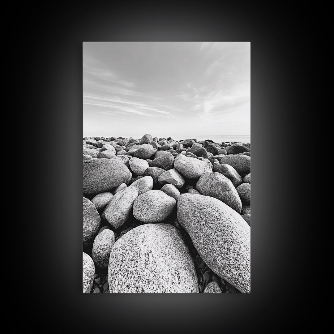 Stone beach, coastal landscape art, black and white art, wabi sabi wall art, minimalist art, nature photography, framed canvas print