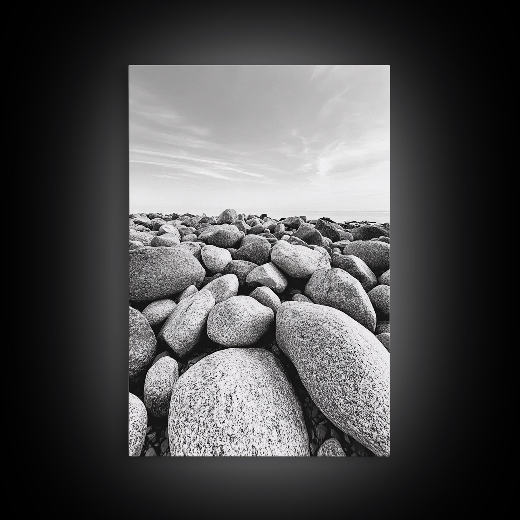 Stone beach, coastal landscape art, black and white art, wabi sabi wall art, minimalist art, nature photography, framed canvas print