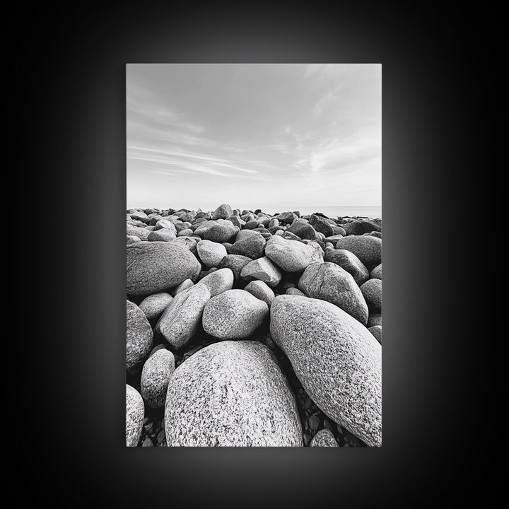 Stone beach, coastal landscape art, black and white art, wabi sabi wall art, minimalist art, nature photography, framed canvas print