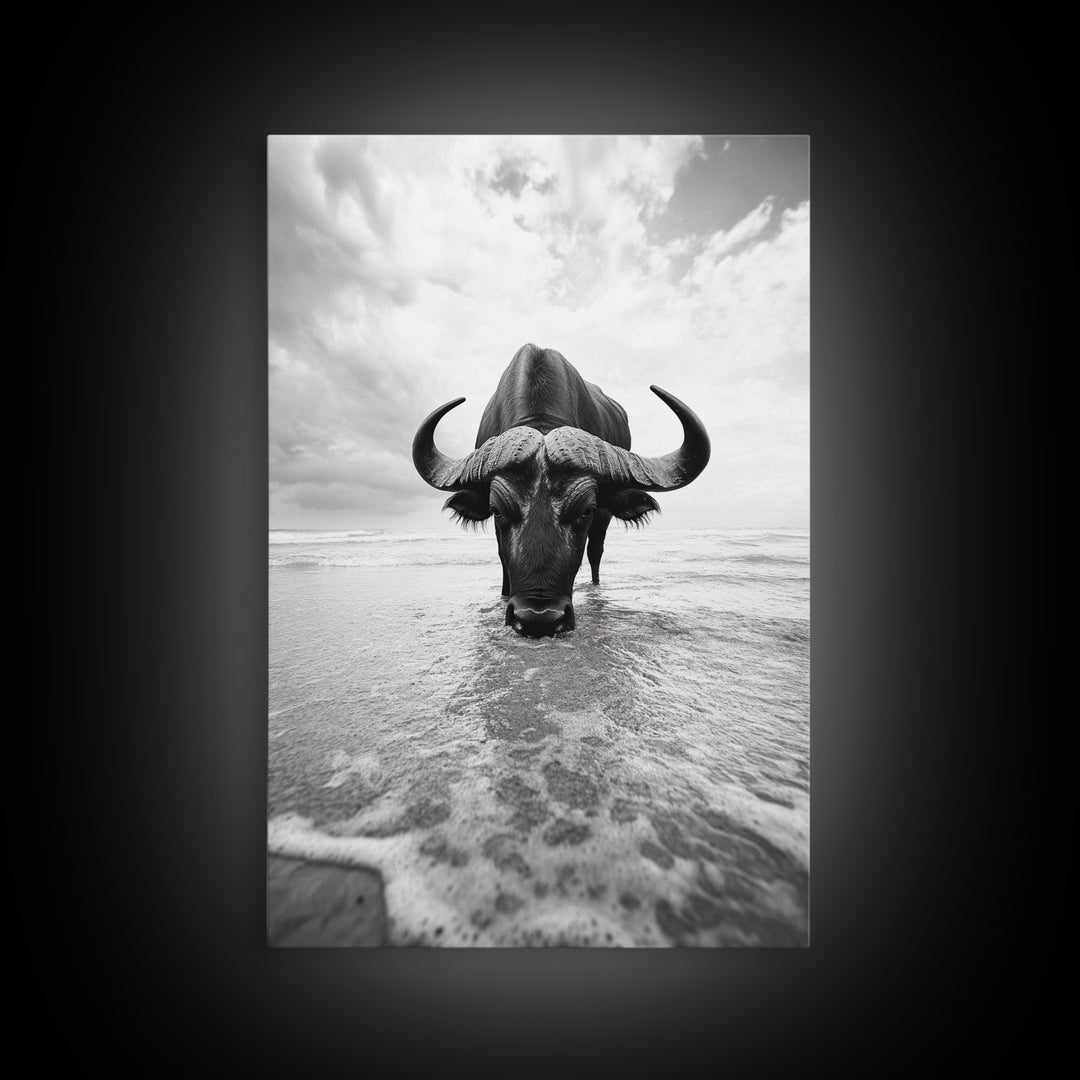 Buffalo art, bull and bear art, moody photography, black and white wall art, unique wildlife art, wabi sabi art, canvas print, farmhouse decor