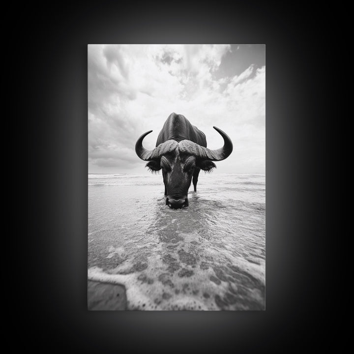 Buffalo art, bull and bear art, moody photography, black and white wall art, unique wildlife art, wabi sabi art, canvas print, farmhouse decor