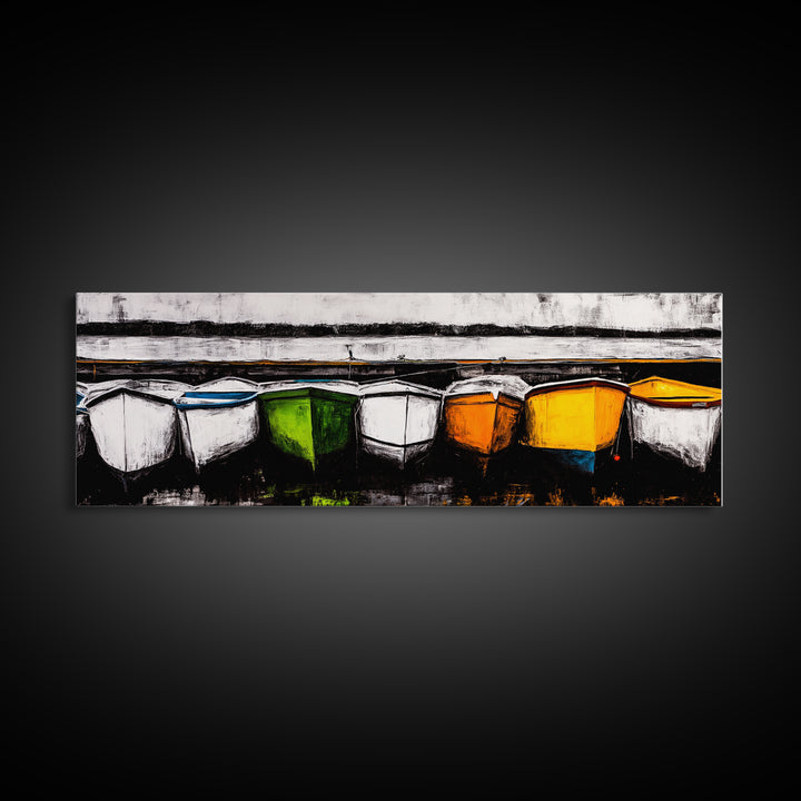 Boats at Dock, nautical painting, coastal wall art, rustic art, extra wide art, panoramic painting, above sofa art, Canvas Print