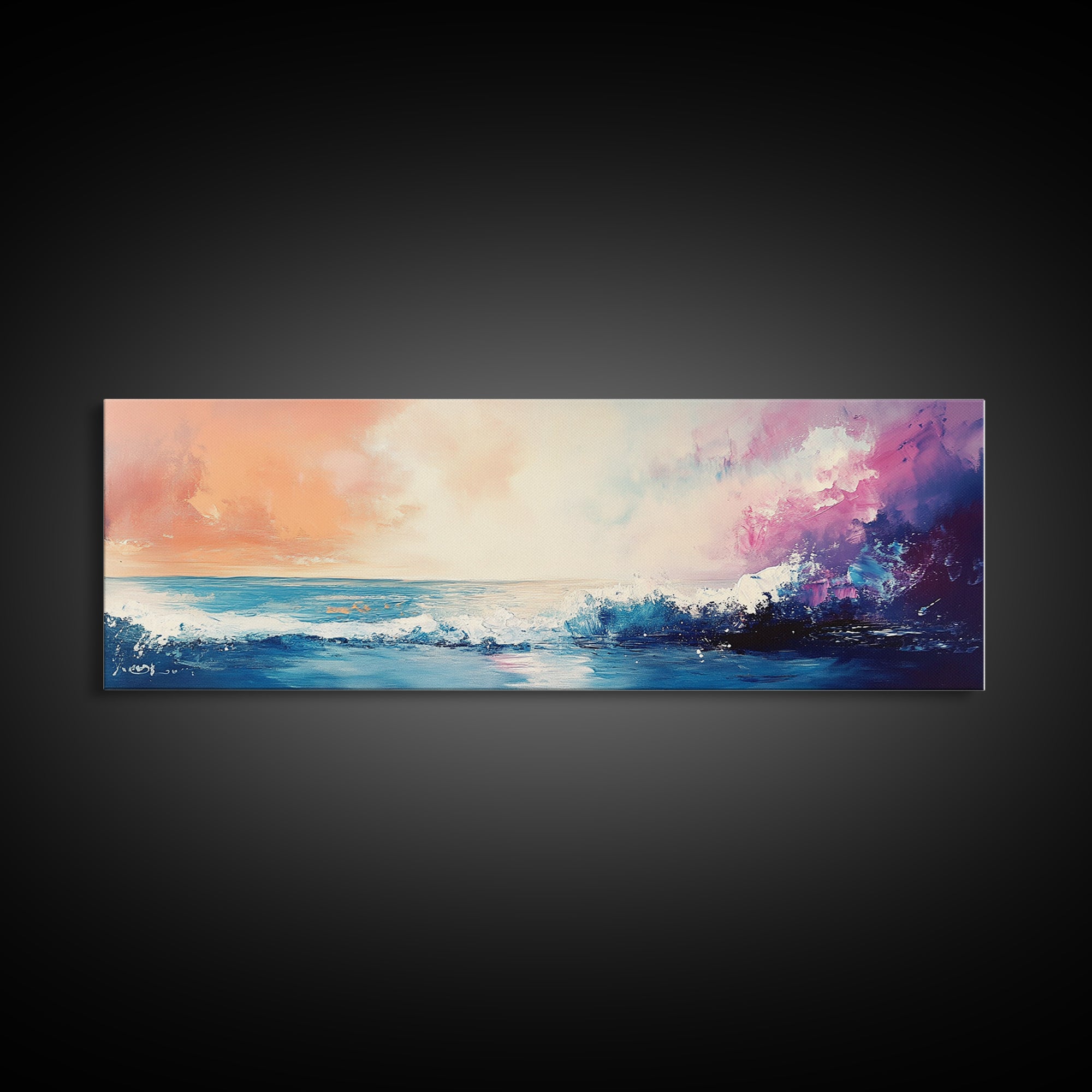 Ocean Sunset Waves, coastal painting, seascape painting, nautical wall art, pink orange wall art, extra wide art, Canvas Print