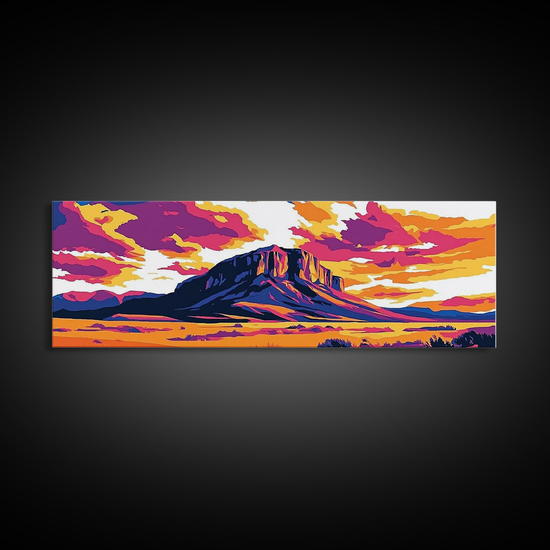 Colorful Desert Landscape, Joshua tree art, southwest wall art, pink orange wall art, extra wide art, panoramic painting, Framed Canvas Print