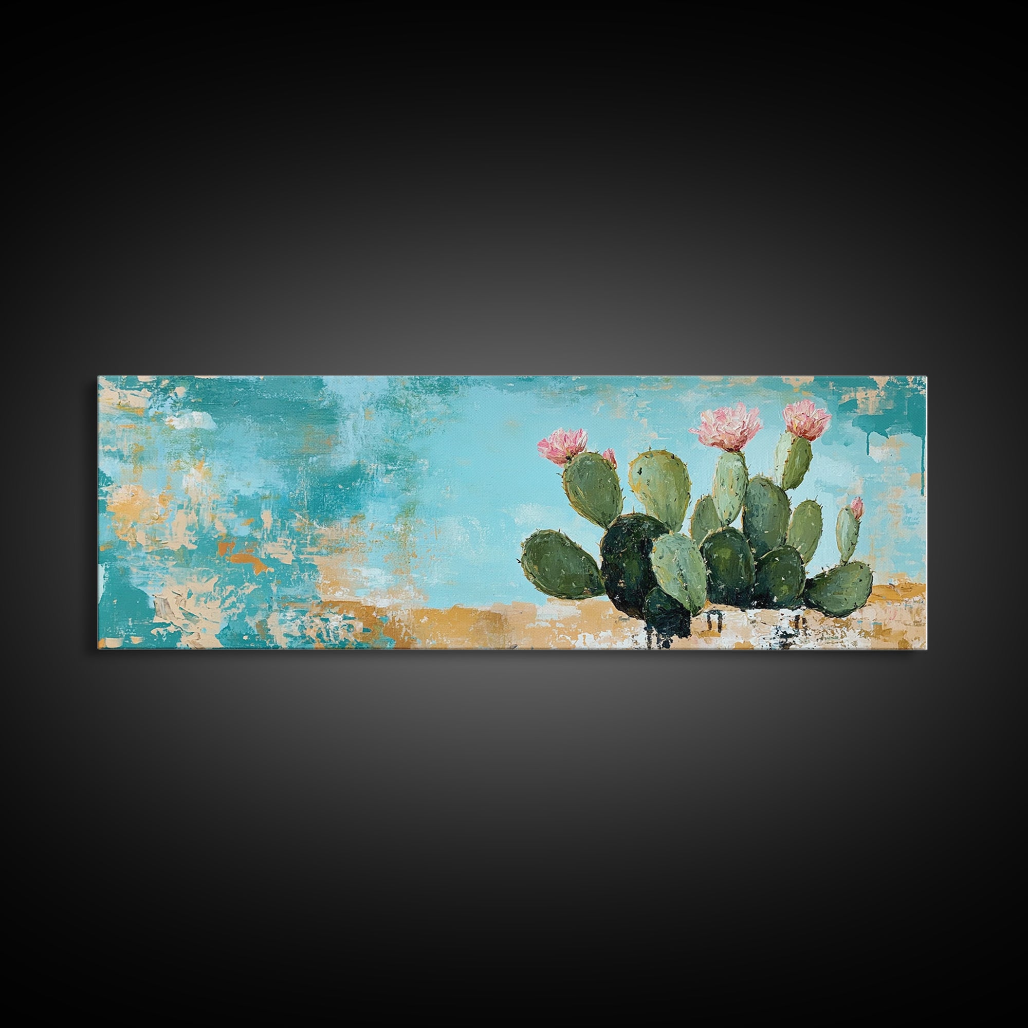 Blooming Cactus, agave painting, botanical prints, desert landscape art, teal wall art, wabi sabi art, rustic decor, Framed Canvas Print