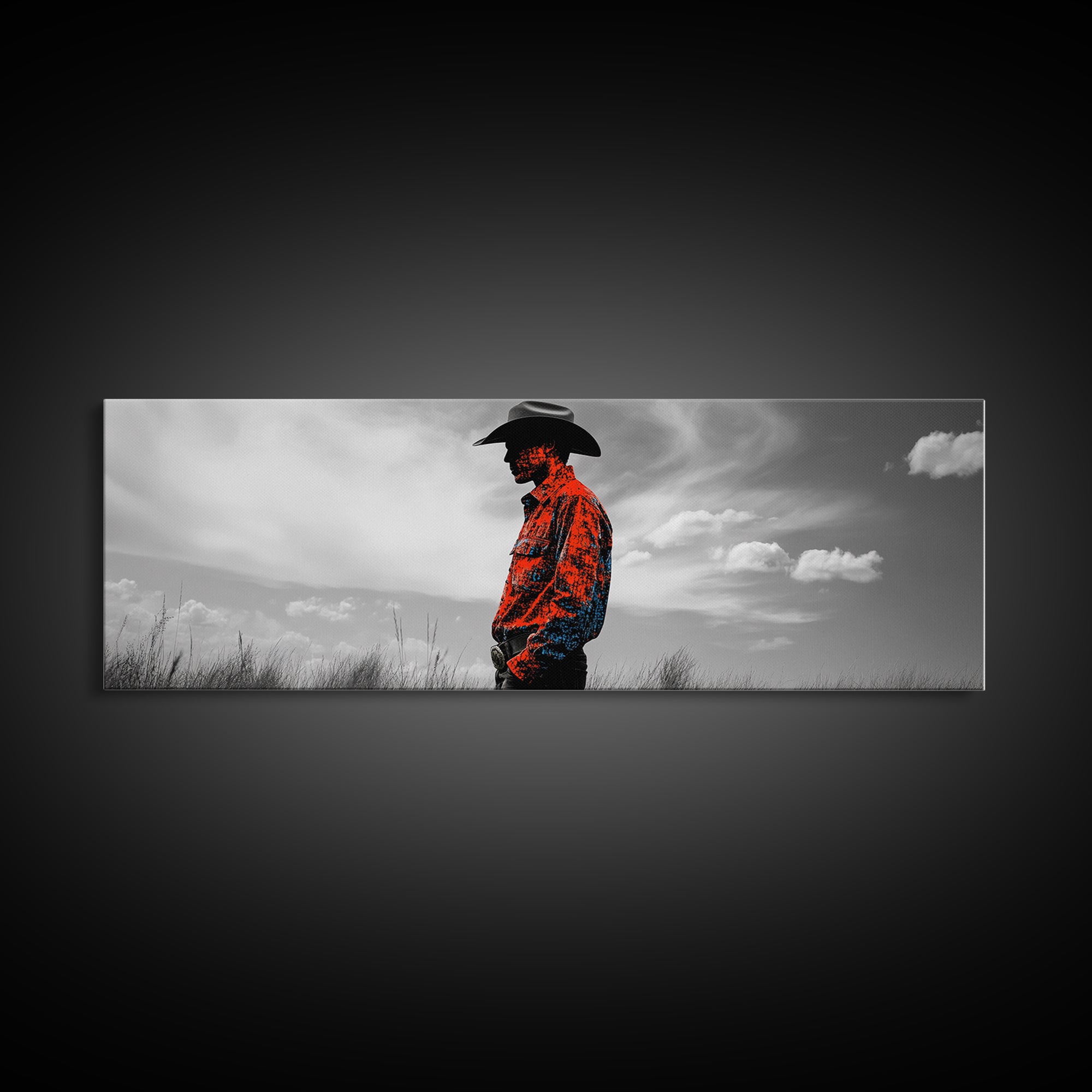 Cowboy Silhouette, Western Wall Art, Ranch Life Art, Moody Art, Southwestern Decor, Extra Wide Art, Rustic Wall Art, Canvas Print