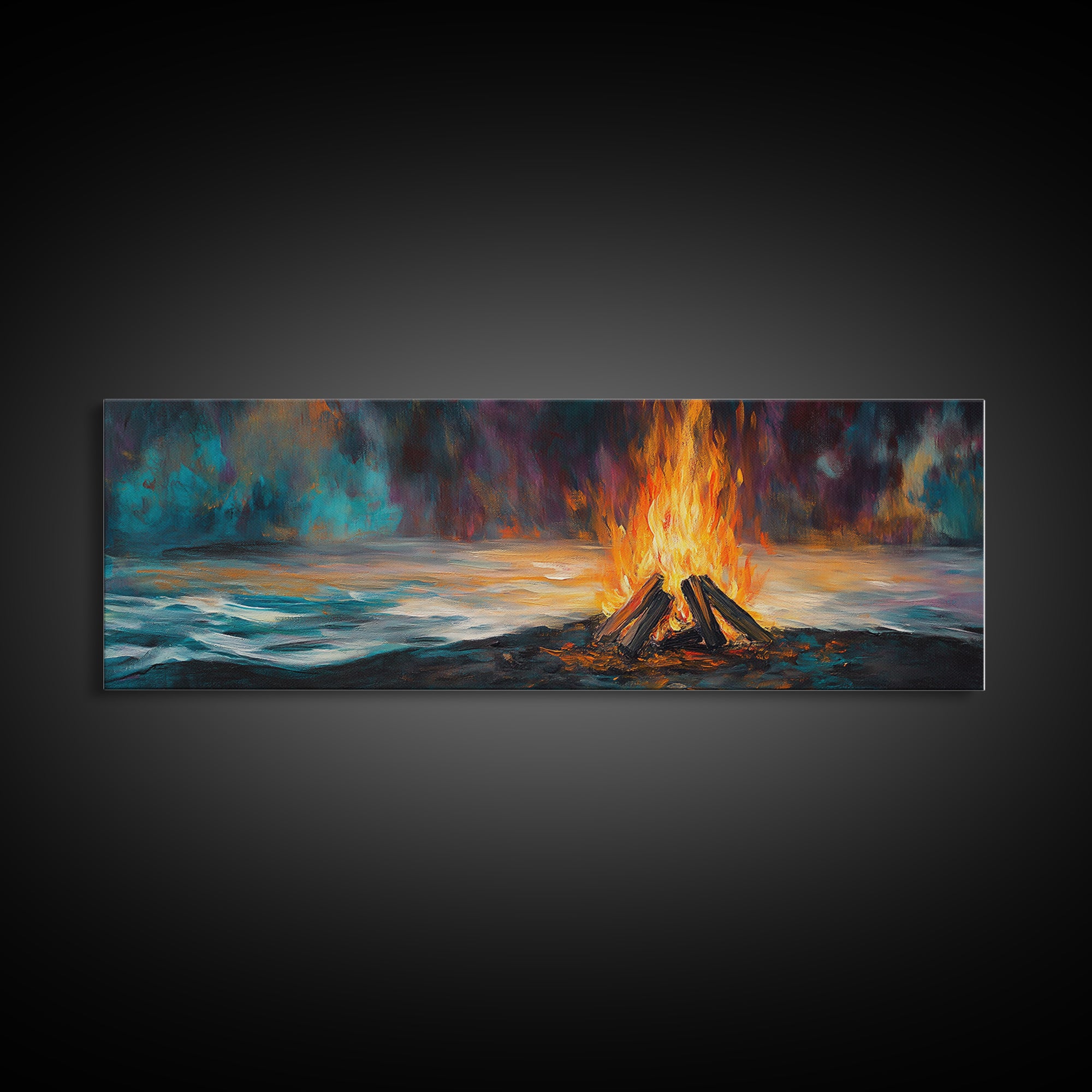 Bonfire, moody art, coastal landscape art, rustic decor, extra wide art, above bed wall art, gift idea for him, Canvas Print