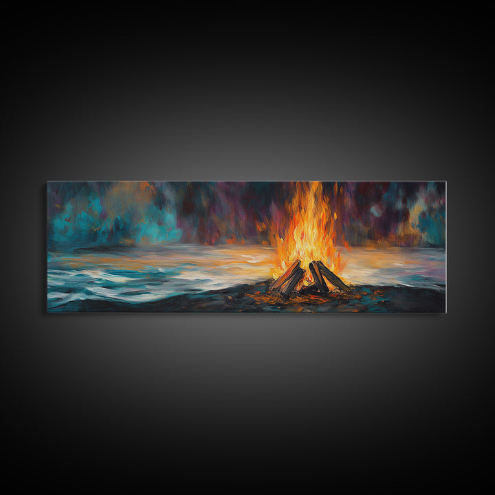 Bonfire, moody art, coastal landscape art, rustic decor, extra wide art, above bed wall art, gift idea for him, Canvas Print