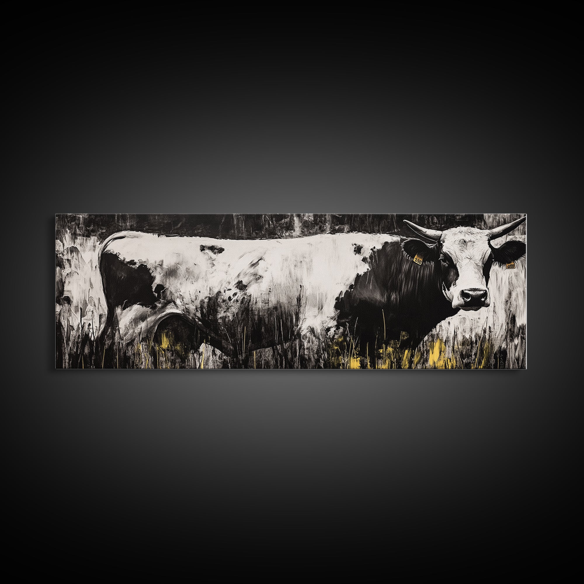 Black and White Cow, farmhouse art, rustic wall art, extra wide art, wabi sabi art, vintage horse art, Canvas Print