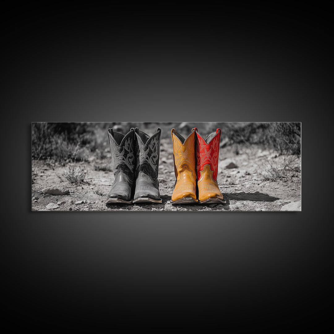 Cowboy Boots, Western Decor, Rustic Wall Art, Country Style Art, Farmhouse Art, Moody Art, Extra Wide Art, Framed Canvas Print