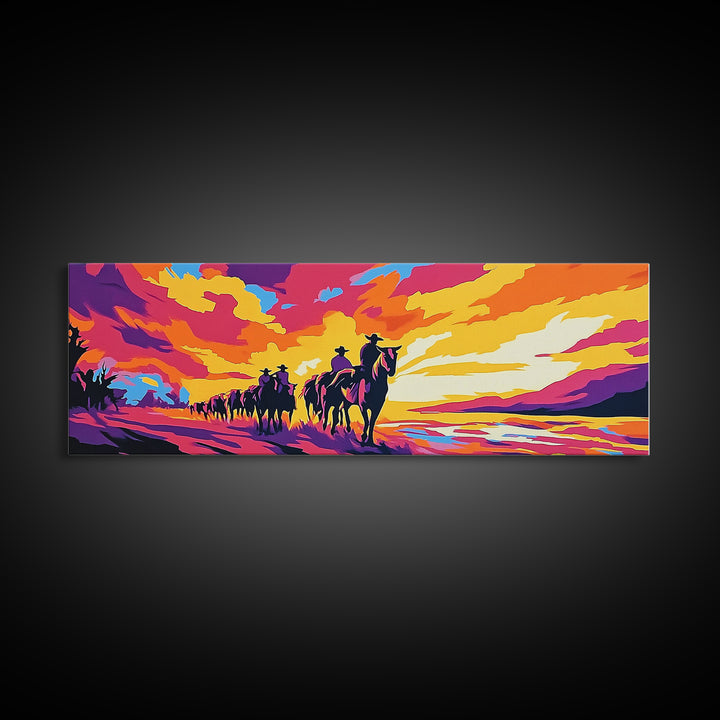 Cowboy Trail, sunset painting, southwest wall art, western decor, gift idea, extra wide art, panoramic painting, canvas print, rustic art
