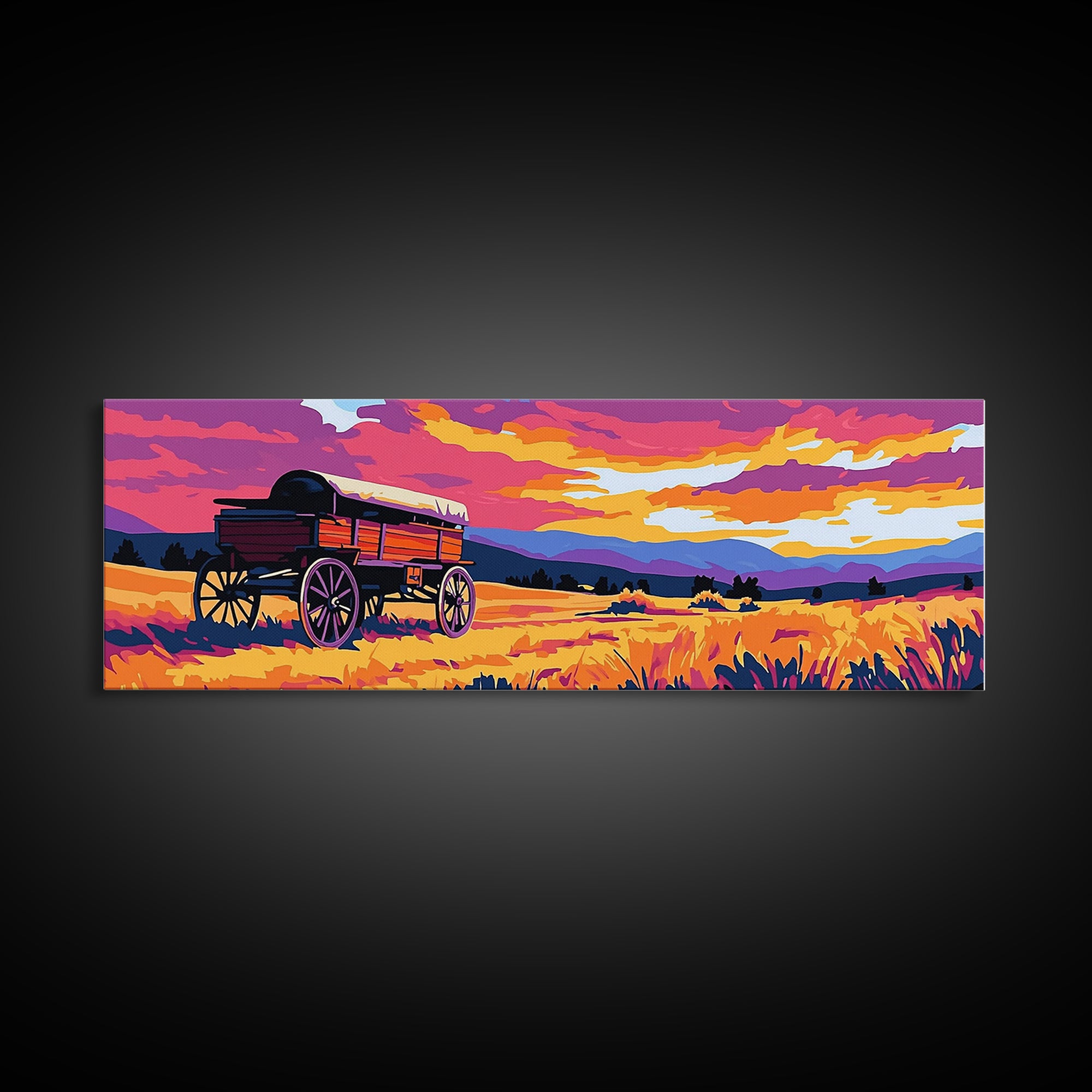 Prairie Wagon, rustic wall art, farmhouse art, cowboy painting, western decor, tall narrow art, panoramic painting, framed canvas print