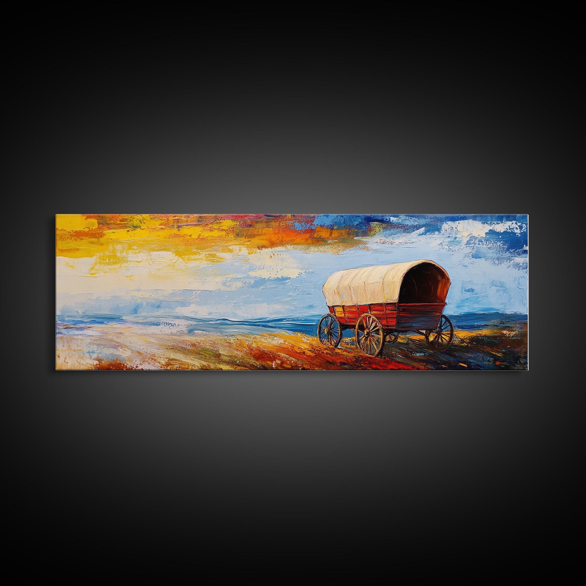 Country Wagon, coastal decor, rustic wall art, panoramic painting, barn landscape oil painting, boho art, Framed Canvas Print, gift idea