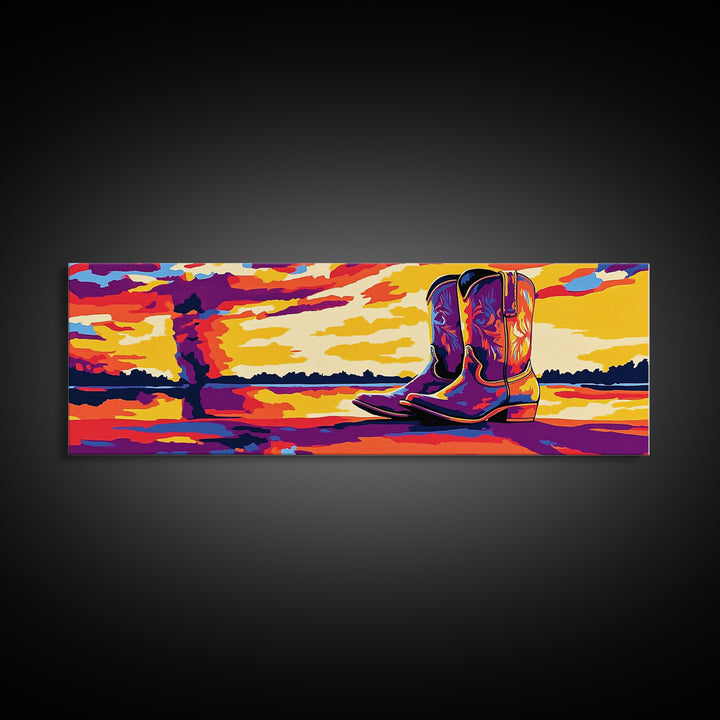 Cowboy Boots Art, Pink Orange Wall Art, Coastal Cowgirl Wall Art, Framed Canvas Print, Western Decor, Extra Wide Art, Rustic Art