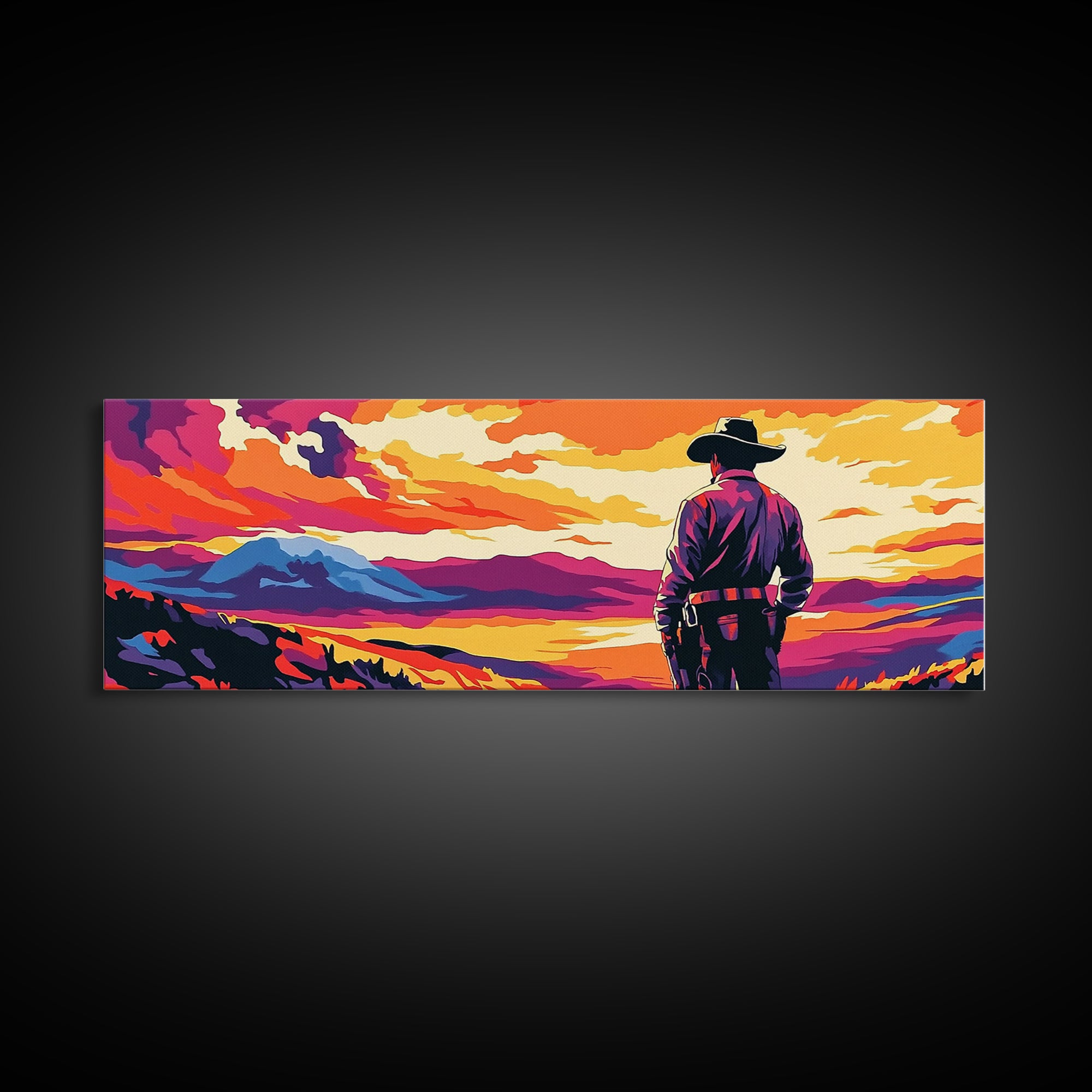 Cowboy Sunset, Pink Orange Wall Art, Coastal Cowgirl Wall Art, Canvas Print, Southwest Wall Art, Extra Wide Art, Western Decor