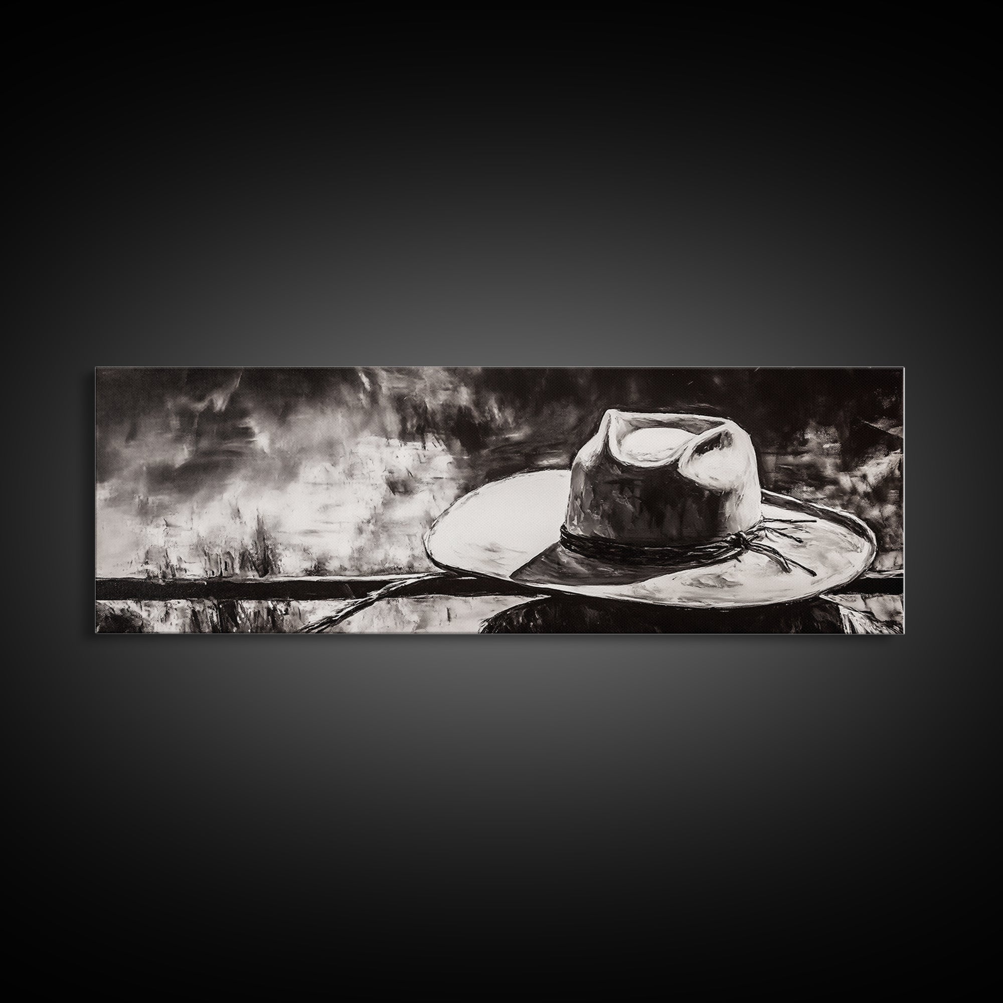 Western Hat Art, Black and White Art, Framed Canvas Print, Rustic Wall Art, Wabi Sabi Art, Extra Wide Art, Minimalist Art