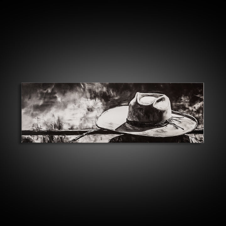 Western Hat Art, Black and White Art, Framed Canvas Print, Rustic Wall Art, Wabi Sabi Art, Extra Wide Art, Minimalist Art