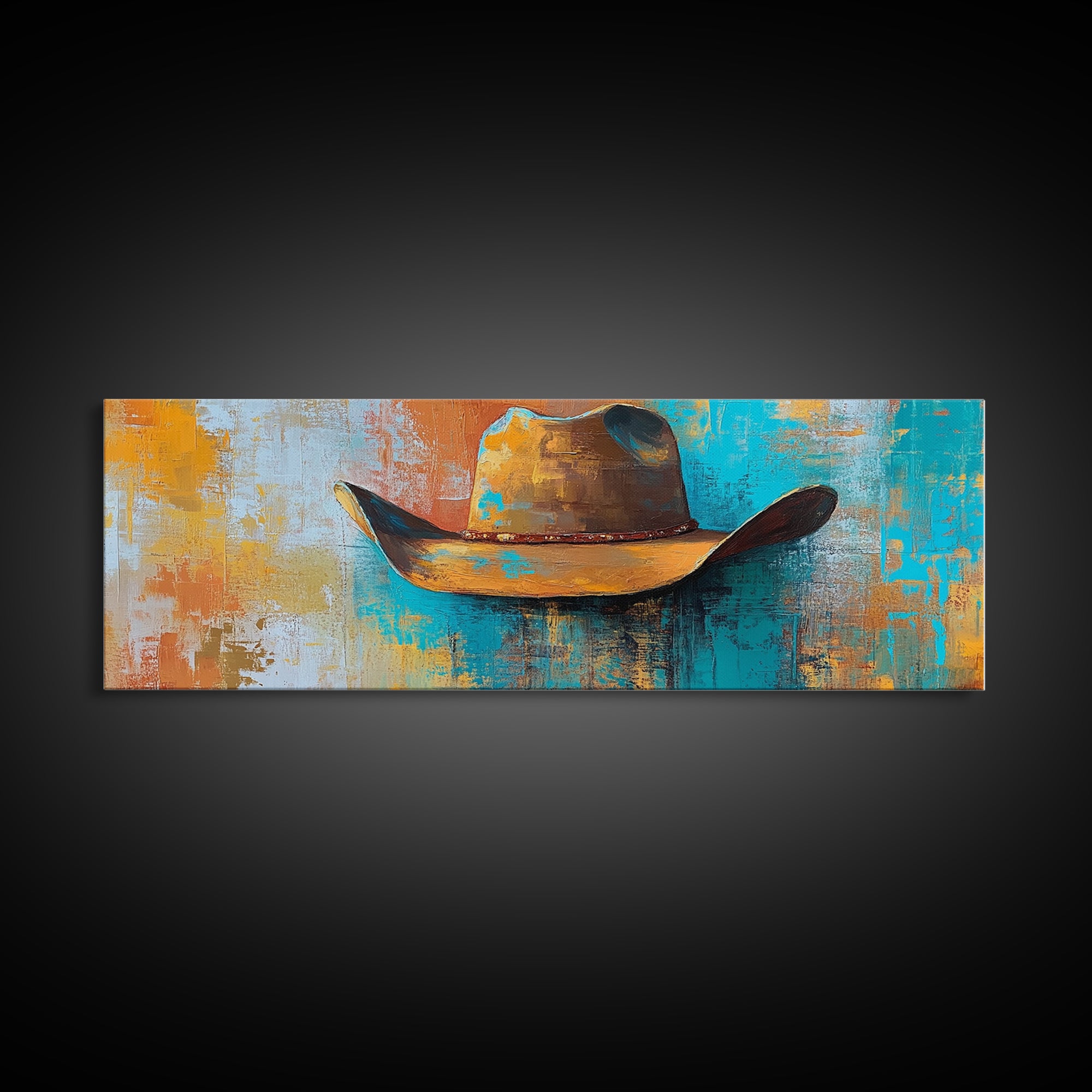 Western Hat Painting, Abstract Cowboy Art, Framed Canvas Print, Extra Wide Art, Rustic Decor, Blue and Green Wall Art, Wabi Sabi Art