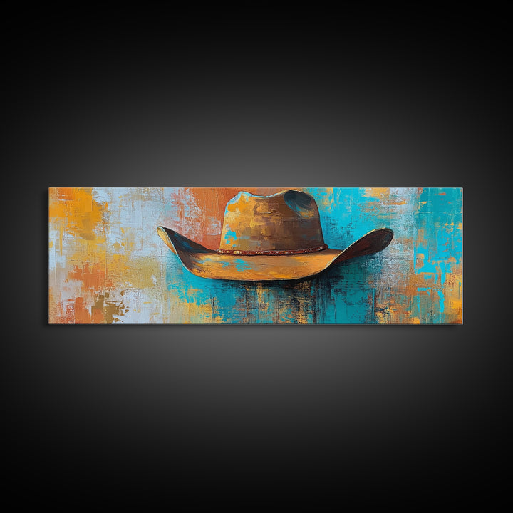 Western Hat Painting, Abstract Cowboy Art, Framed Canvas Print, Extra Wide Art, Rustic Decor, Blue and Green Wall Art, Wabi Sabi Art