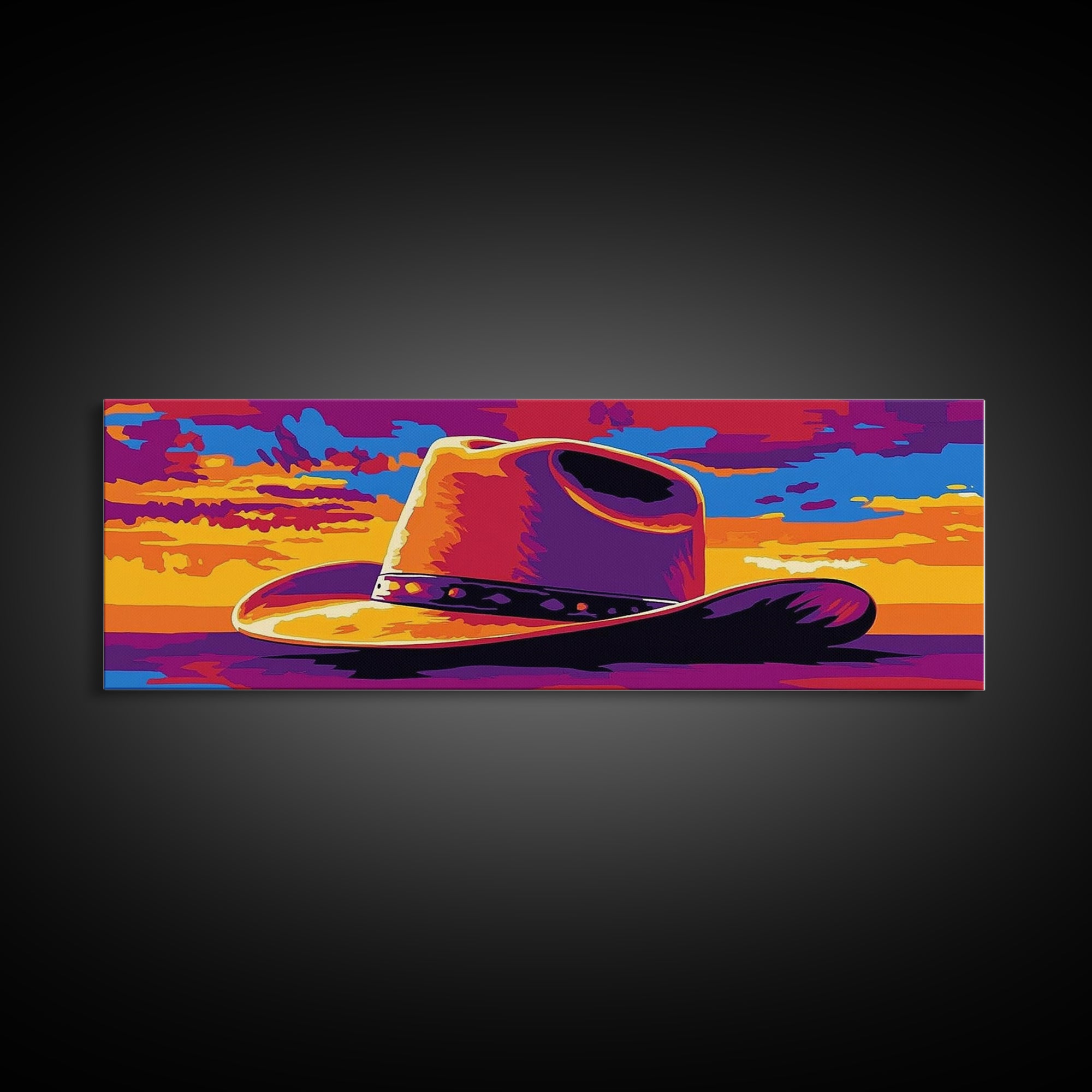 Cowboy Hat at Sunset, Pink Orange Wall Art, Blotter Art, Canvas Print, Southwest Wall Art, Extra Wide Art, Coastal Cowgirl Wall Art