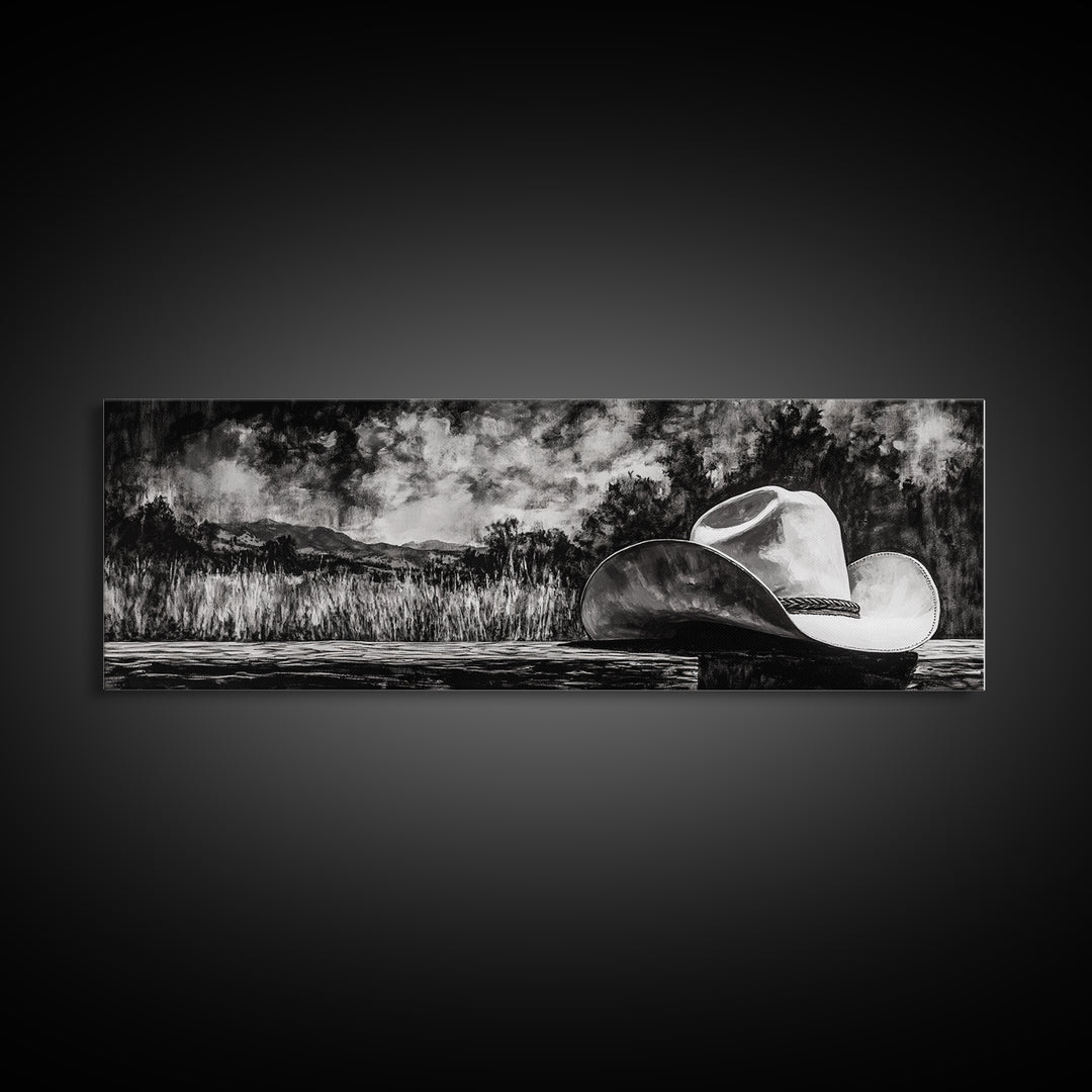 Black and White Art, cowboy hat painting, rustic decor, farmhouse art, extra wide art, panoramic art, framed canvas print, landscape painting