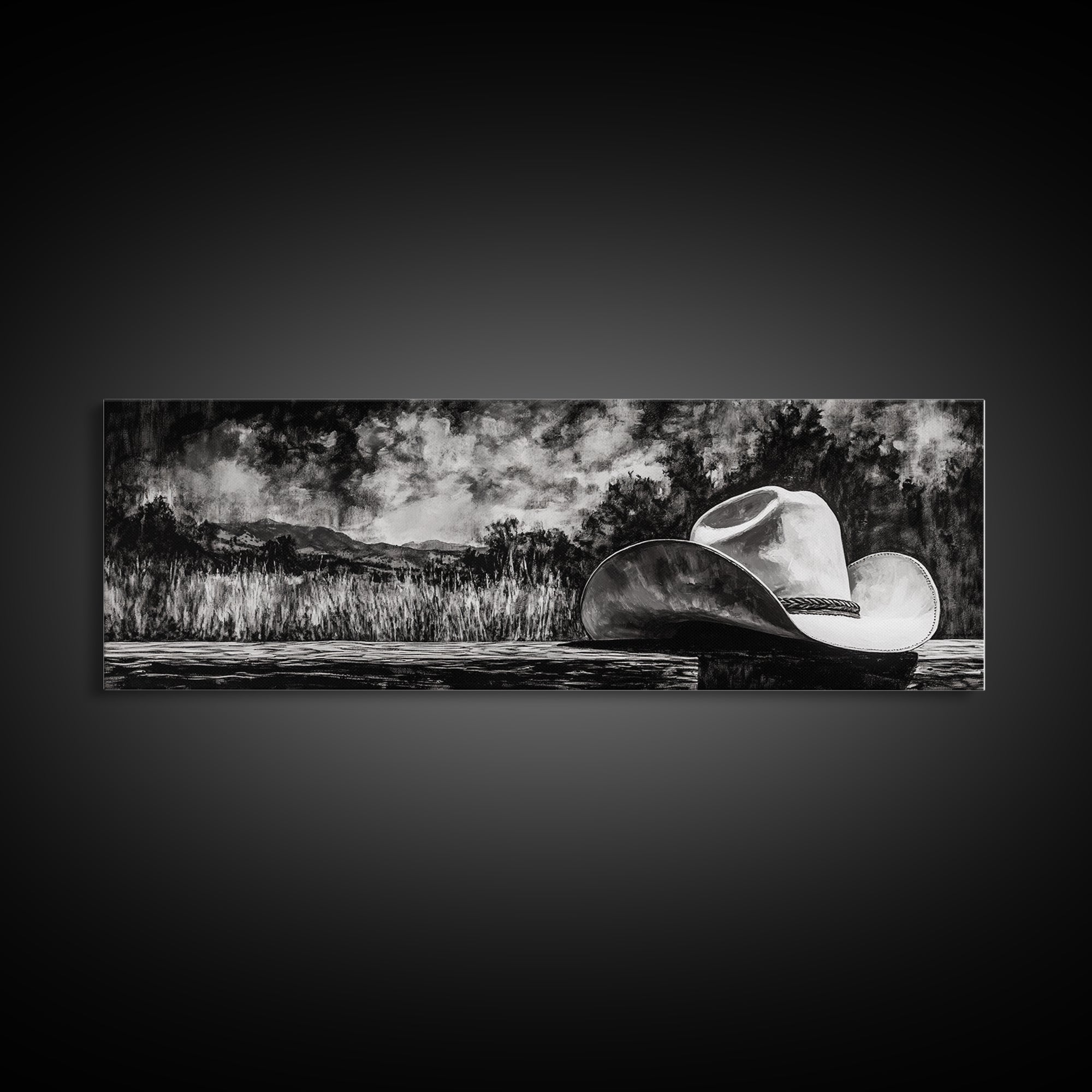 Black and White Art, cowboy hat painting, rustic decor, farmhouse art, extra wide art, panoramic art, framed canvas print, landscape painting