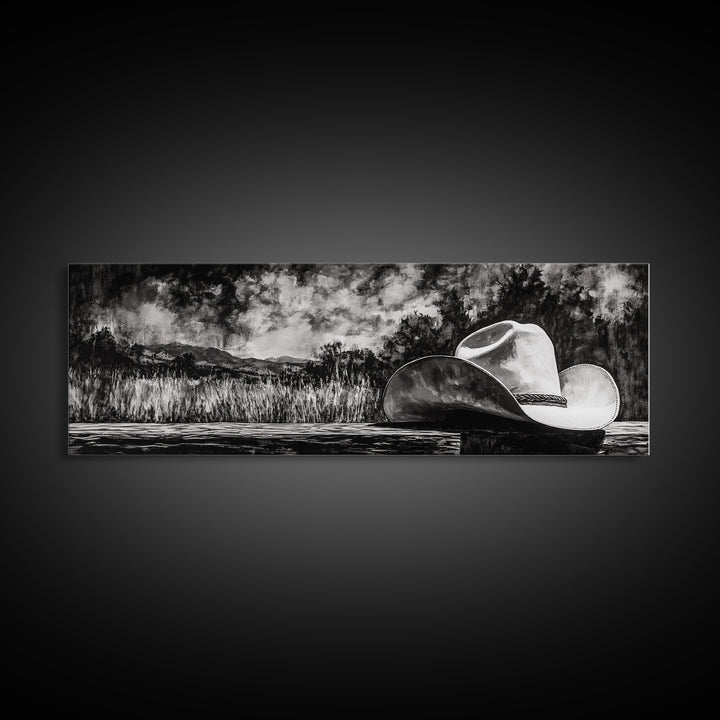 Black and White Art, cowboy hat painting, rustic decor, farmhouse art, extra wide art, panoramic art, framed canvas print, landscape painting