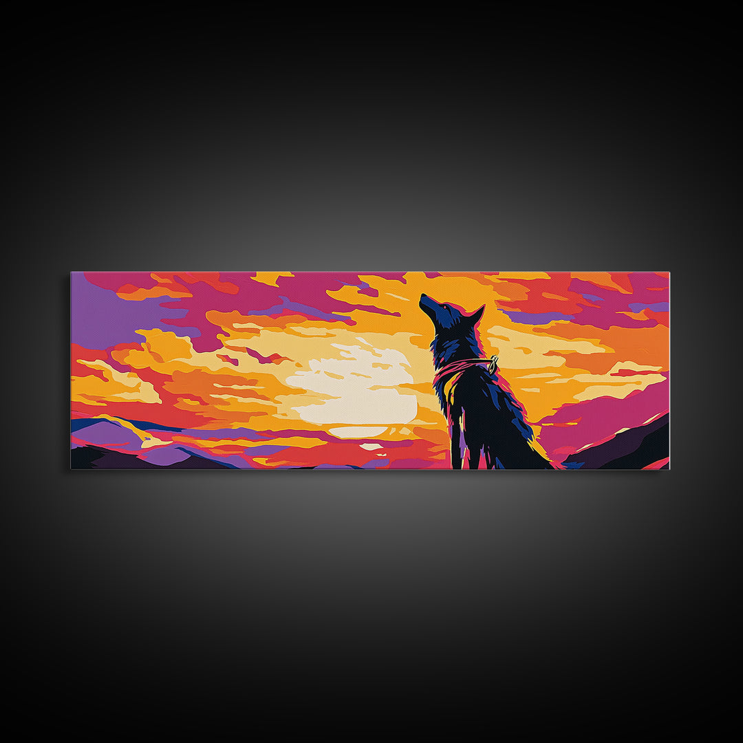 Colorful Wolf Art, sunset animal painting, moody art, pink orange wall art, extra wide art, framed canvas print, panoramic painting
