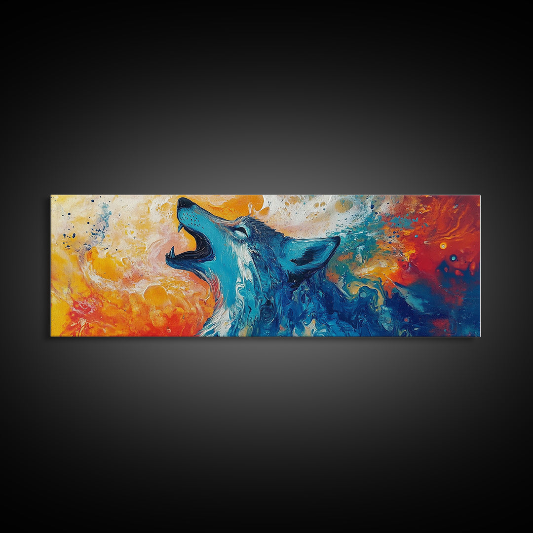 Abstract Wolf Art, moody art, blue and green wall art, extra wide art, framed canvas print, panoramic painting, rustic decor, southwest wall art