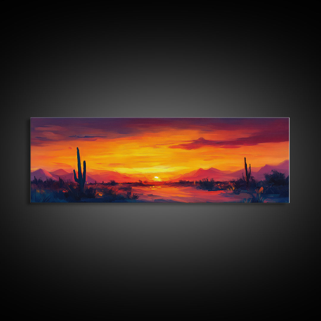 Sunset Cactus Art, southwest wall art, desert landscape painting, extra wide art, panoramic painting, framed canvas print, rustic decor, horizontal wall art
