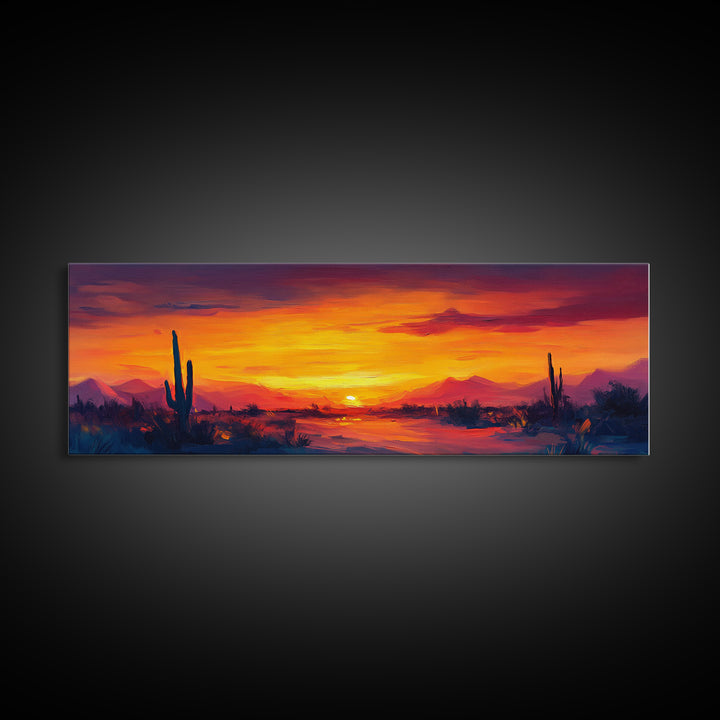 Sunset Cactus Art, southwest wall art, desert landscape painting, extra wide art, panoramic painting, framed canvas print, rustic decor, horizontal wall art