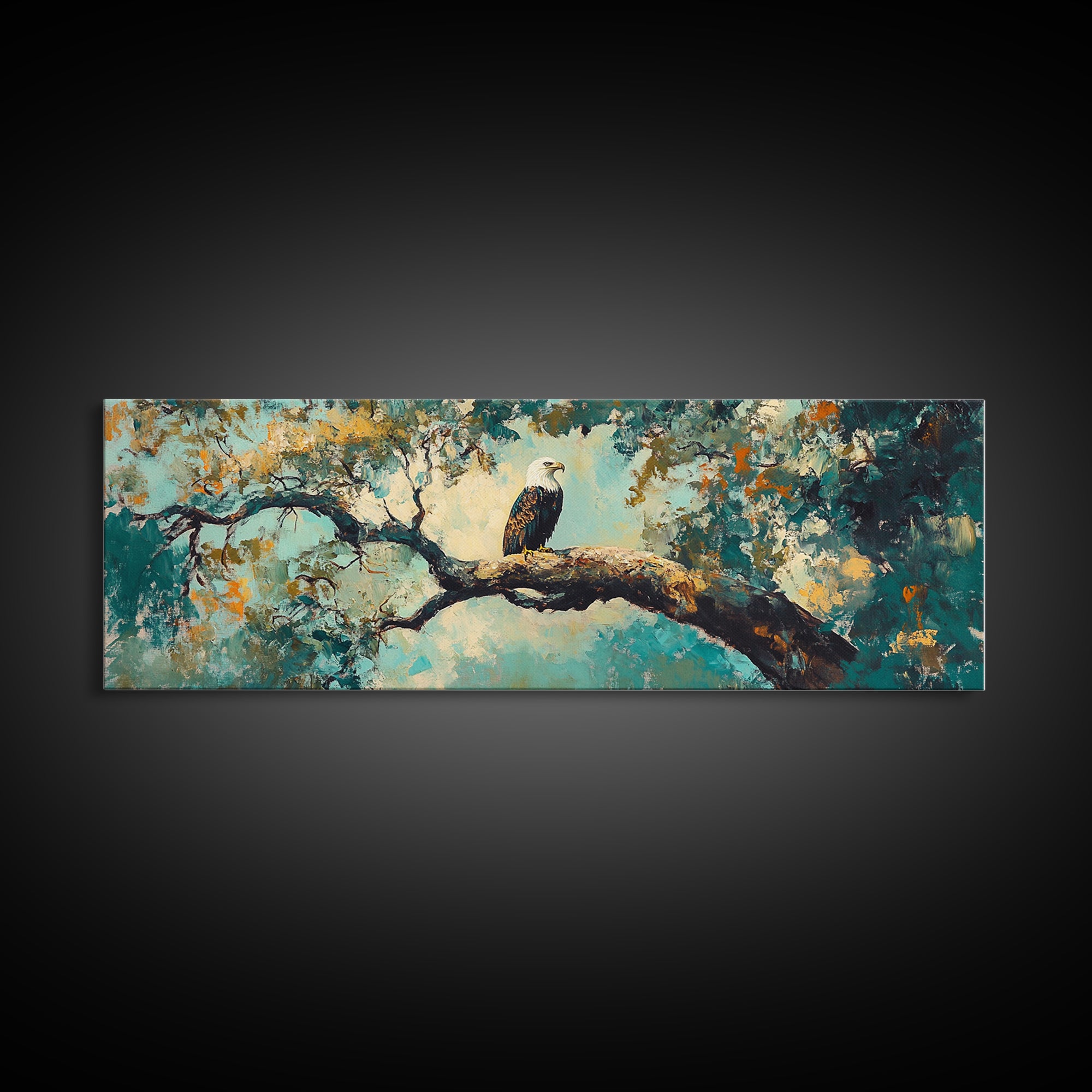 Eagle Painting, Framed Canvas Print, Bird Art, Forest At Dusk Painting, Moody Art, Extra Wide Art, Rustic Wall Art, Above Bed Art