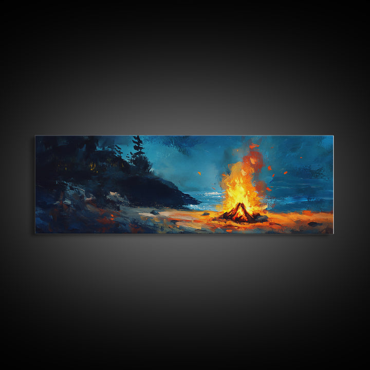 Coastal Cowgirl Wall Art, Framed Canvas Print, Campfire Painting, Rustic Decor, Moody Art, Extra Wide Art, Living Room Art, Above Couch Art