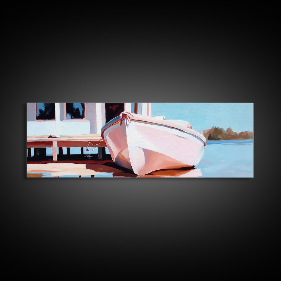 Nautical Wall Art, Framed Canvas Print, Coastal Decor, Boat Painting, Seascape Art, Extra Wide Art, Rustic Wall Art, Living Room Art, Gift Idea