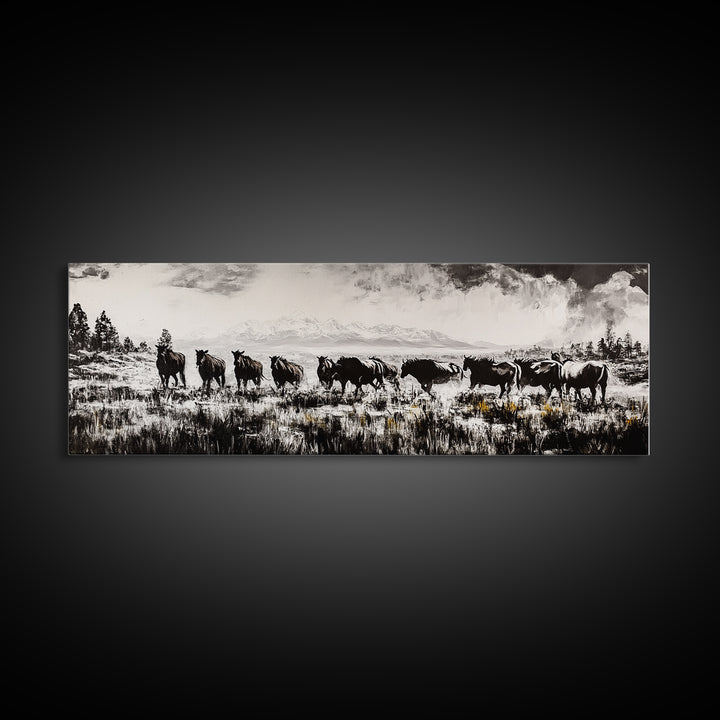 Black And White Wall Art, Framed Canvas Print, Vintage Horse Art, Rustic Wall Art, Extra Wide Art, Moody Art, Western Art, Above Bed Art