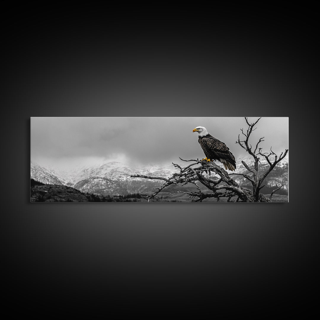 Bald Eagle, Mountain Painting, Wildlife Art, Nature Wall Art, Rustic Decor, Moody Art, Above Sofa Art, Extra Wide Art, Framed Canvas Print