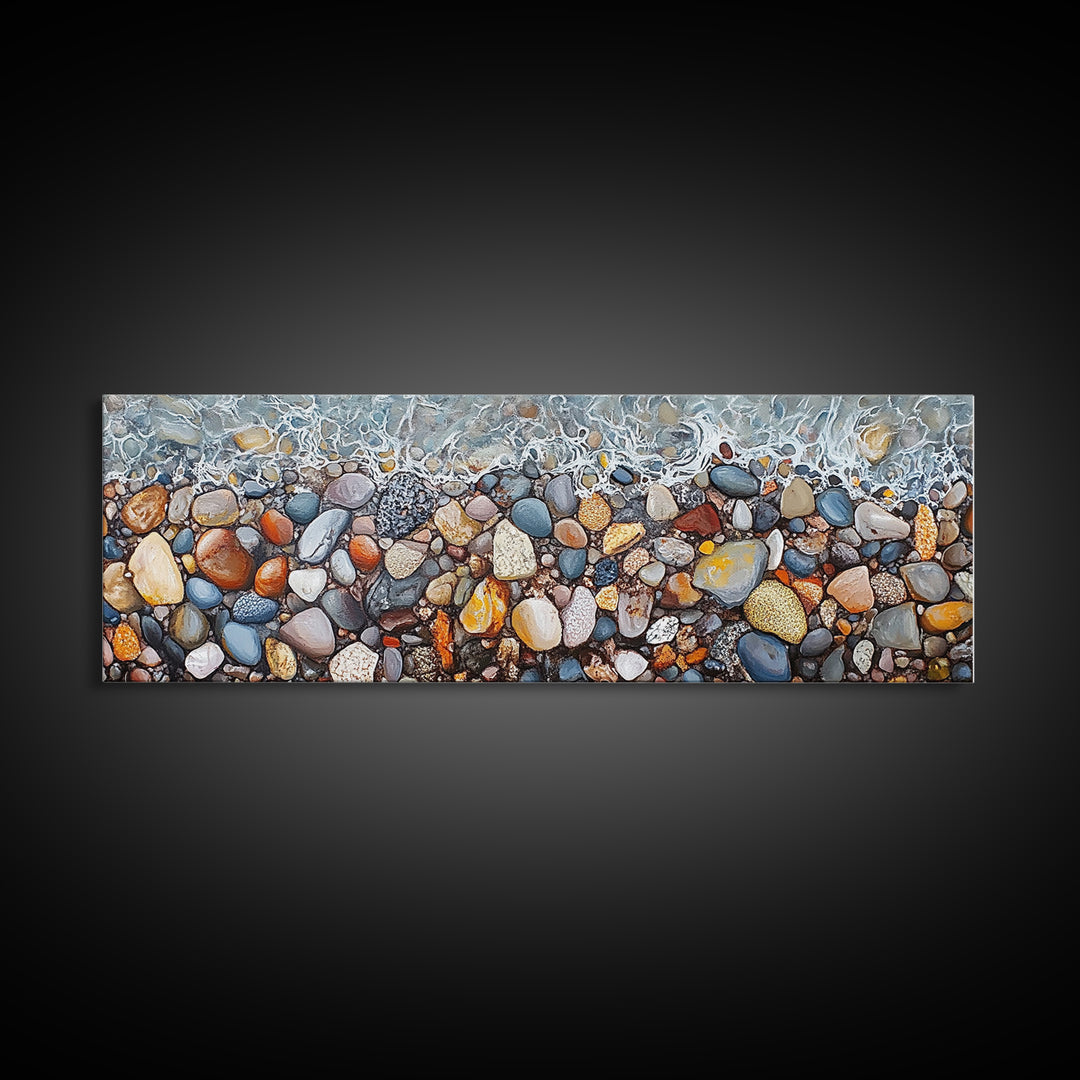 Coastal decor, ocean pebble art, beach rock painting, nautical wall art, seascape painting, long narrow wall art, canvas print