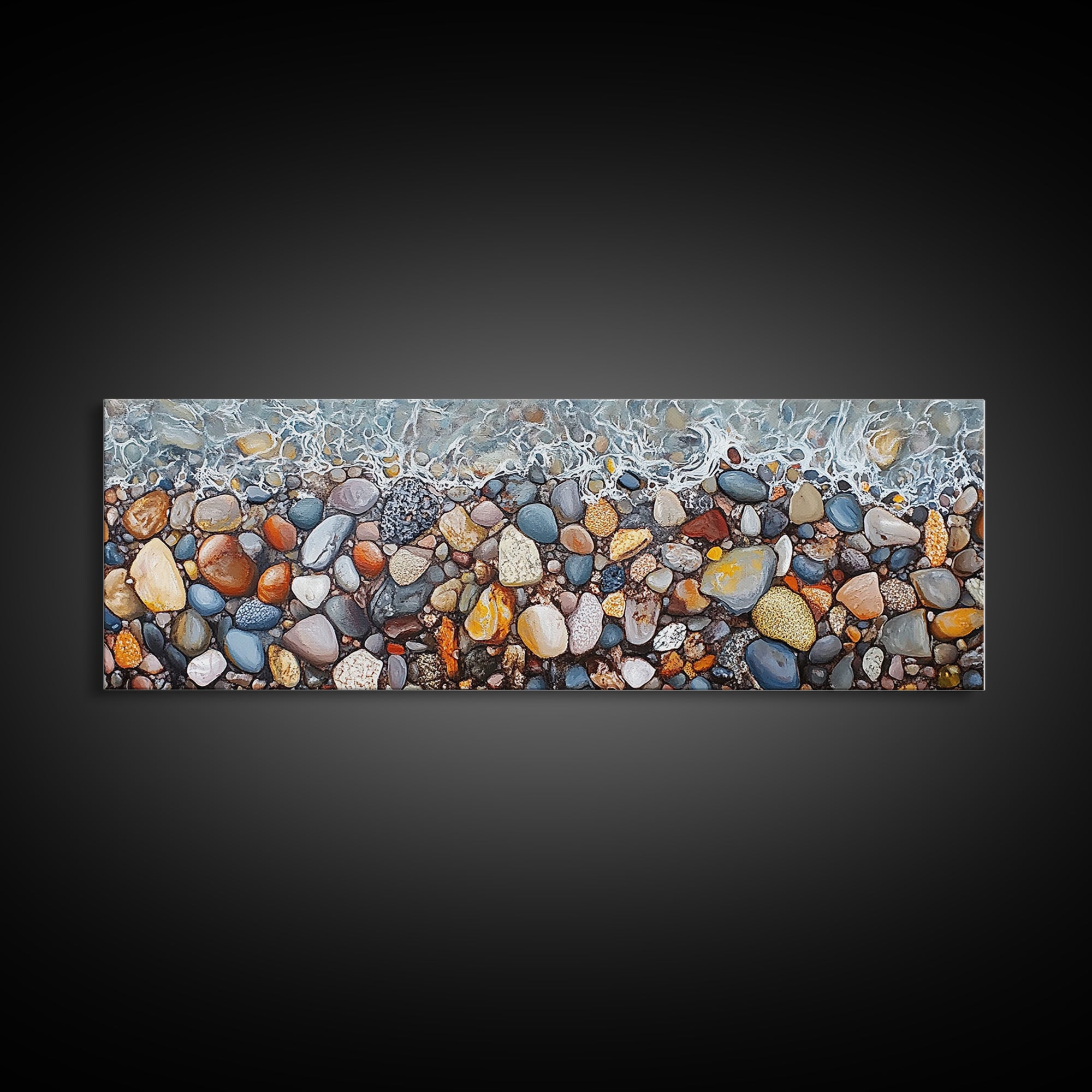 Coastal decor, ocean pebble art, beach rock painting, nautical wall art, seascape painting, long narrow wall art, canvas print