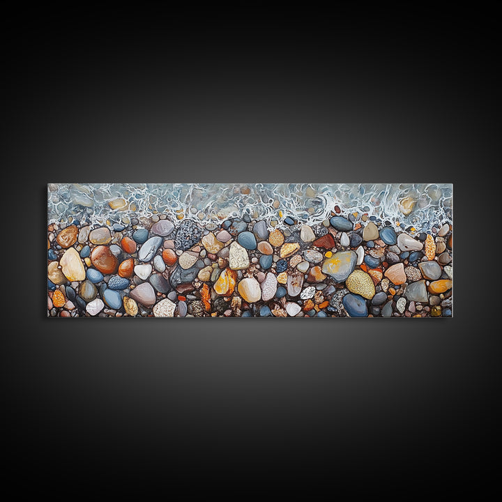 Coastal decor, ocean pebble art, beach rock painting, nautical wall art, seascape painting, long narrow wall art, canvas print