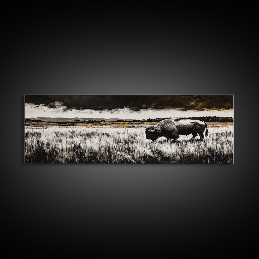 Bison painting, rustic art, black and white wall art, moody art, western decor, panoramic painting, extra wide art, framed canvas print