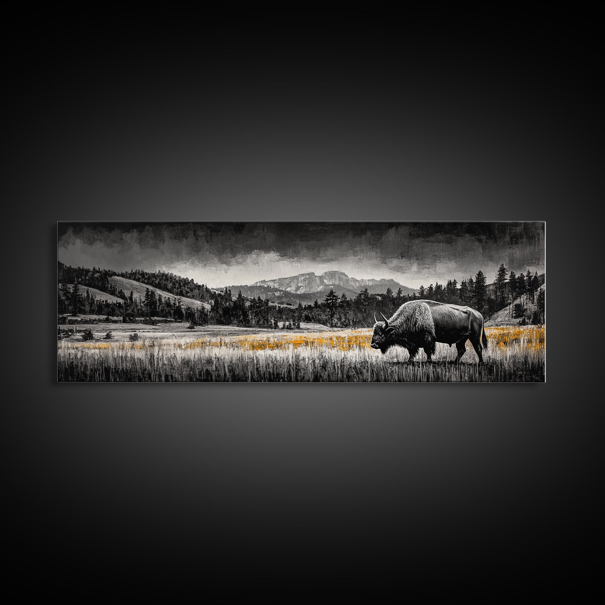Bison art, mountain painting, black and white western art, farmhouse art, smoky mountain art, extra wide art, framed canvas print