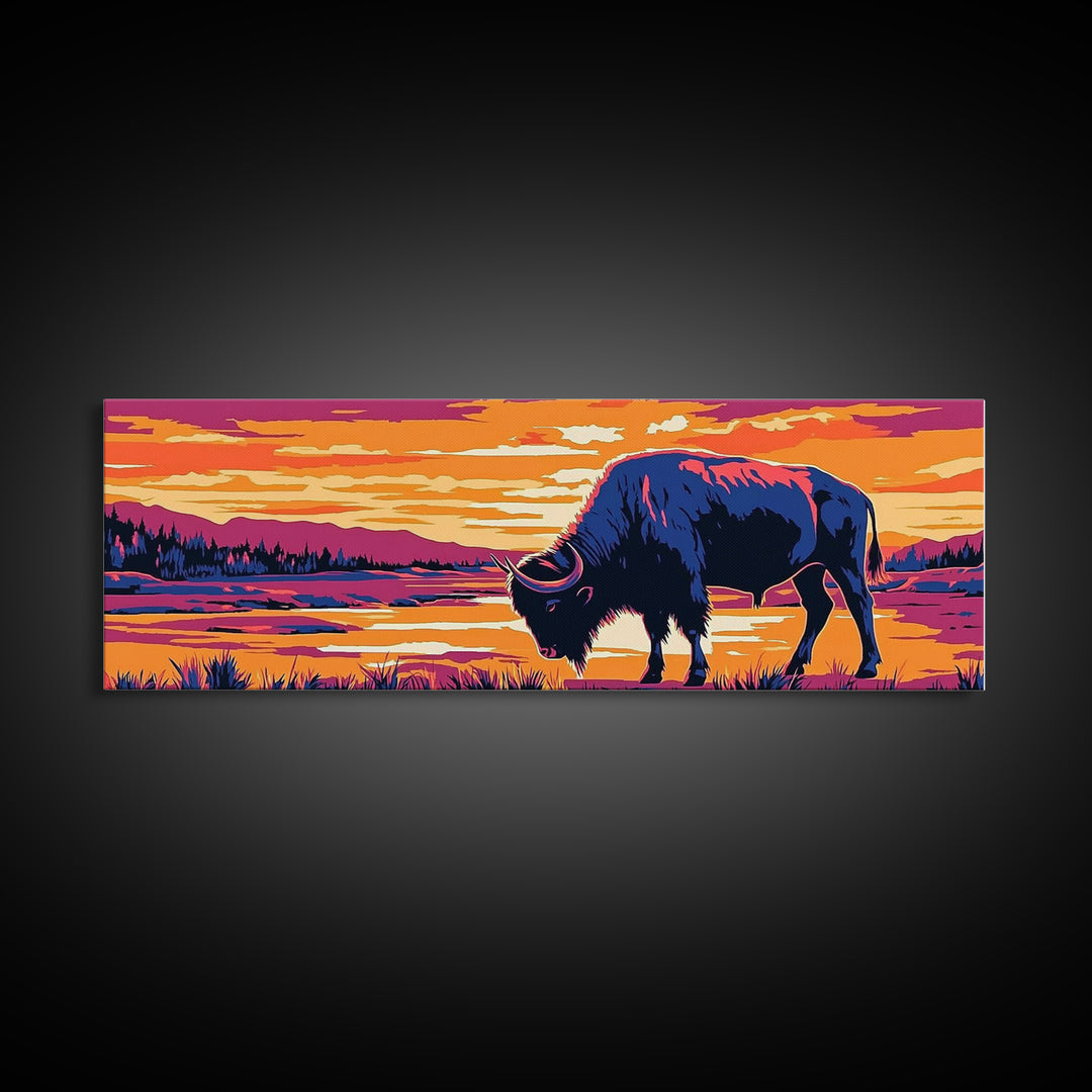 Buffalo painting, southwest wall art, rustic decor, pink orange wall art, cowboy art, above couch art, extra wide art, canvas print