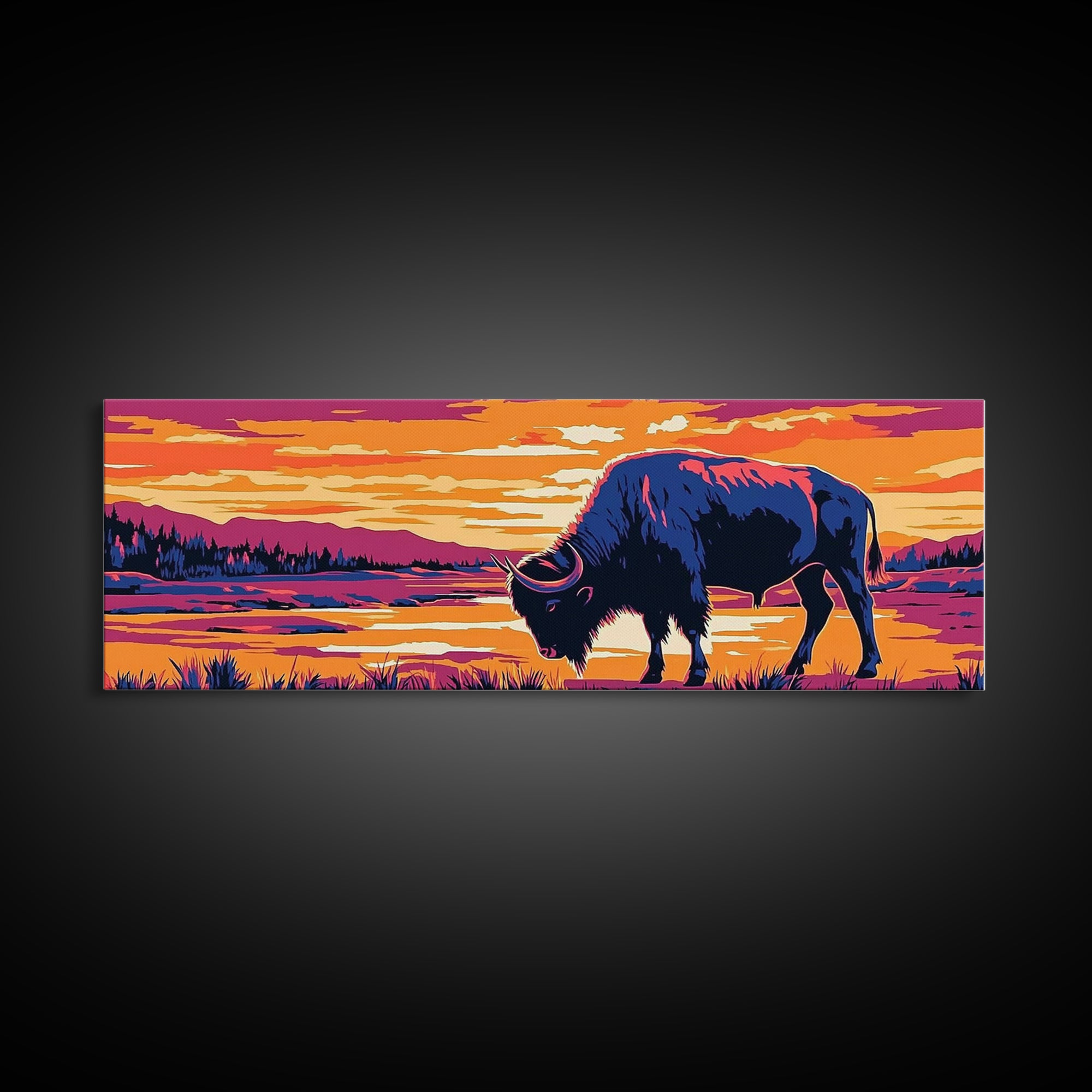 Buffalo painting, southwest wall art, rustic decor, pink orange wall art, cowboy art, above couch art, extra wide art, canvas print