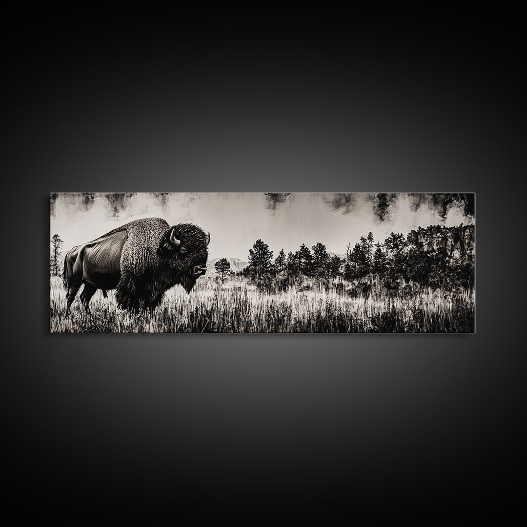 Bison landscape, black and white western painting, rustic decor, extra wide art, smoky mountain art, panoramic painting, framed canvas print