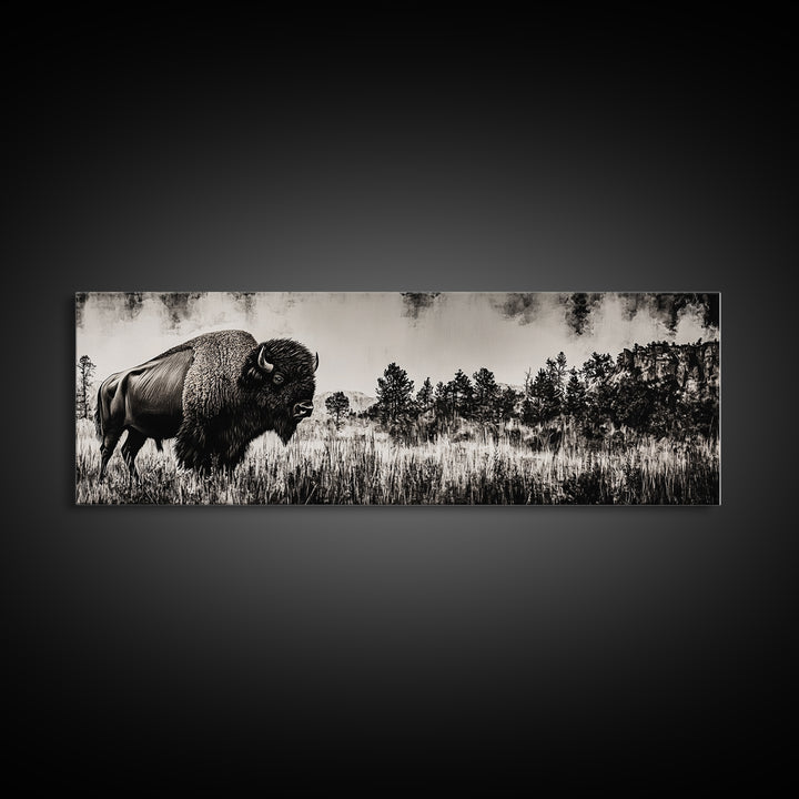 Bison landscape, black and white western painting, rustic decor, extra wide art, smoky mountain art, panoramic painting, framed canvas print