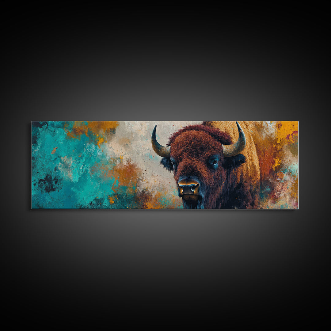 Bold bison painting, teal and orange art, rustic wall art, farmhouse decor, boho art, extra wide western painting, canvas print